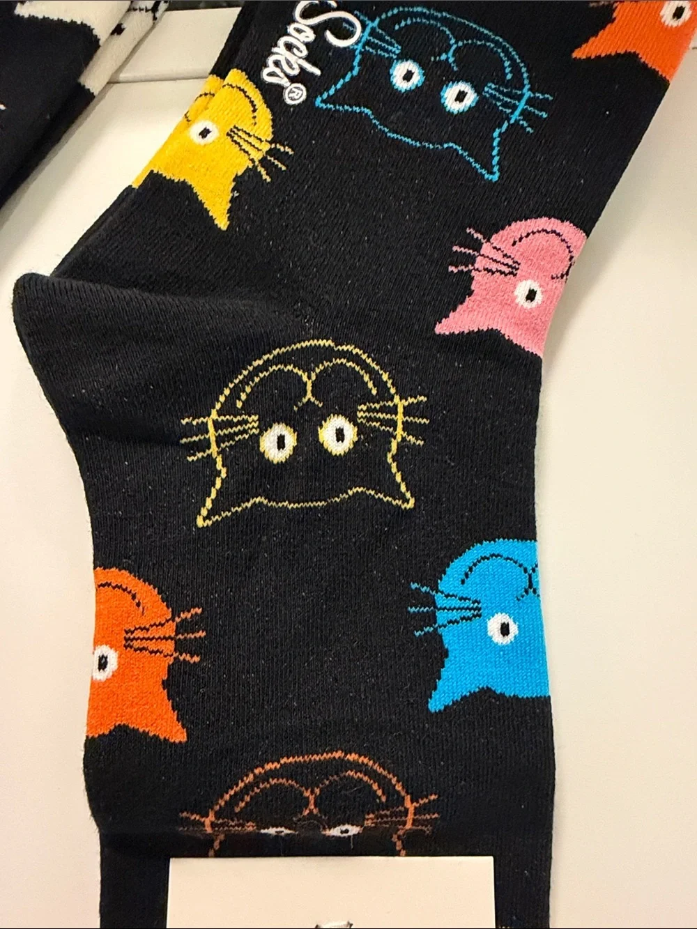 Happy Socks Black Cat Crew Socks — Black with White and Multicolor Cat Faces